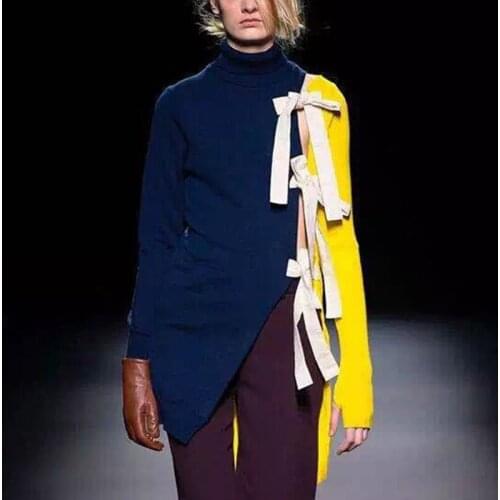 Women Turtleneck Sweater Colorblock Spring Autumn Lace Up Knitwear Pullover