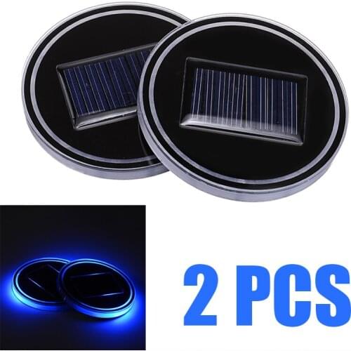 2pcs 6.8cm Car Auto Solar Panel Water Cup Pad Accessories Blue LED Light Cover Interior Decoration Lamp Accessories Parts