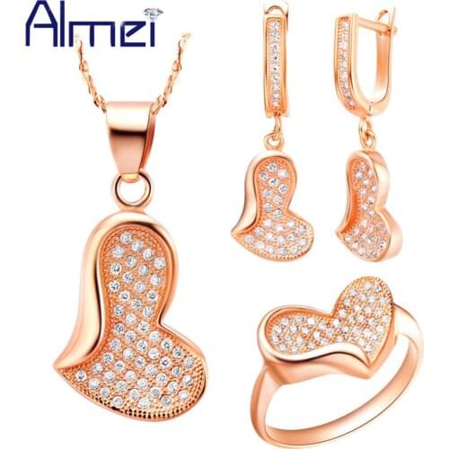 Almei Fashion Sets Rose Gold Color Jewelry Ring Earrngs Set Bijouterie Wedding Accessories Pendientes Joyas Collares Women T096
