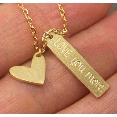 Love You More Heart Necklace Women Men Jewelry Stainless Steel Rose Gold Chain Long Bar Statement Necklace Set Bridesmaid Gift