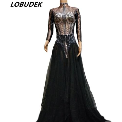 Glisten Crystals Black Voile Long Dress Women Party Mesh Dress Sexy Nightclub Bar Singer Evening Performance Host Stage Costume