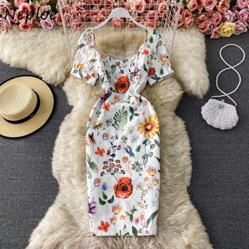 Neploe Elegant Temperament Square Collar Female Robe Short Puff Sleeve Flower Print Slim Waist Vestido Ladies Knee-length Dress