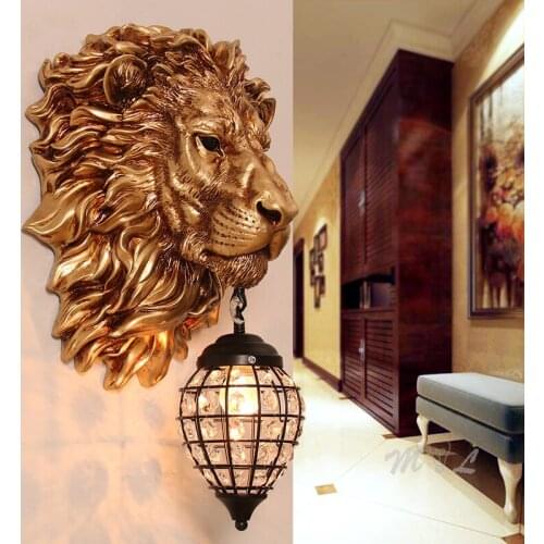 European Retro Wall+lamps Resin Lion Art Deco for Living Room Wall Sconce Creative Beside Wall Lamp Bedroom Light Fixtures E27