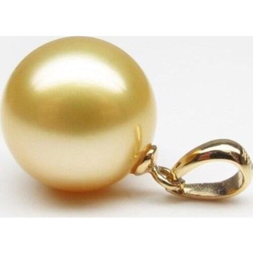 Perfect Round 15-16mm South Sea natural golden Shell Pearl Pendant Necklace