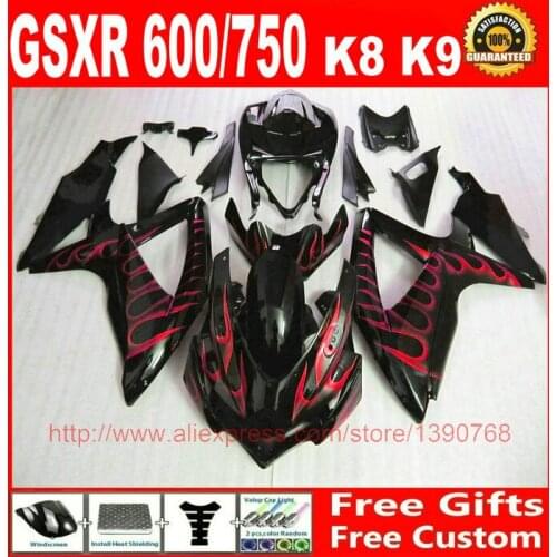Custom Fairing kit for Suzuki GSXR600 GSXR 750 08 09 10 red flames black ABS fairings set K8 K9 GSXR 600 750 2008 2009 2010 GZ24