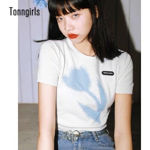 Tonngirls Korean Tulip Flower Print Crop Top Women White Knit Short Sleeve T Shirt Summer Harajuku Aesthetic Tshirt Japanese Top