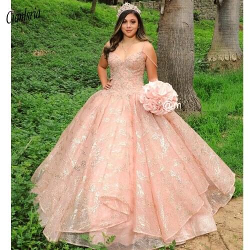 Blush Pink Spaghetti Strap Sleeveless Ball Gown Quinceanera Dresses Appliques Lace Tiered Sweet 16 Dress Vestido De 15 Anos