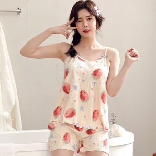 Summer Pajama Sets for Women Shorts Sexy Sleepwear Lingerie Sleeveless Spaghetti Strap Pyjamas Cotton Ruffles Bowknot Nightwear