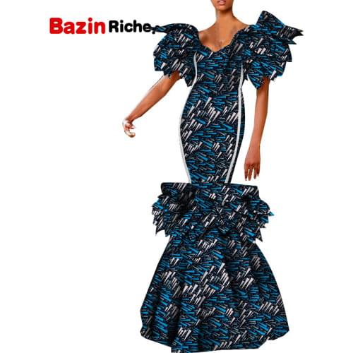 Dashiki African Dresses for Women Bazin Riche Long Party Evening Dresses Women African Clothing Petal Pearls Dress WY5268