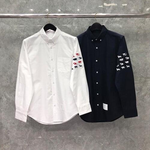 2021 Fashion TB THOM Brand Shirts Men Long Sleeve Casual Shirt Spring Summer Oxford Animal Embroidery Solid Mens Clothing