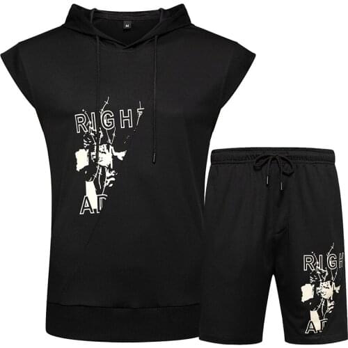 Hooded Short-Sleeved and Short Pants 2pcs Set Summer Solid Color Trend Printing Fashion Tether Shorts Mens Cool Suit