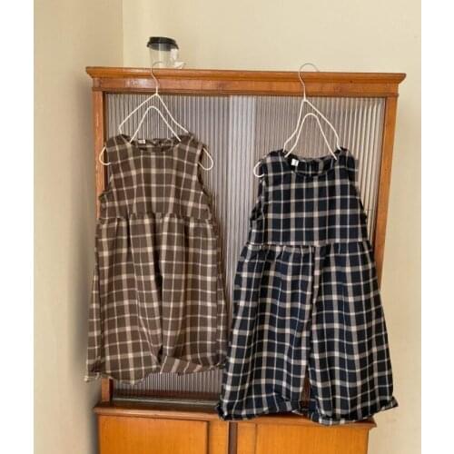 2021 New Stlye Girls Boys Plaid Overalls Summer Cotton Fashion Kids Pants 2-7t QM7