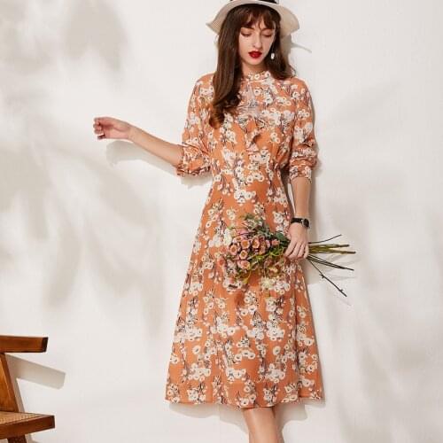 Autunm Women Long Sleeve Pure Silk One-piece Dress Print 100% Mulberry Silk Ruffles A-line Dresses M L XL Free Shipping