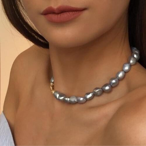 Brass With 18K Gold Natural Gray Baroque Pearl Necklace Women Jewelry Designer T Show Runway Sweety Boho Japan Korean Fashion