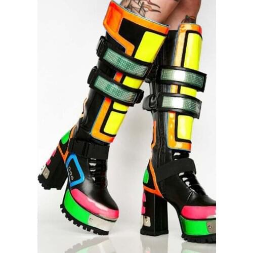 European Hot Fluorescent Multicolors Leather Punk Boots Woman Platform Chunky High Heels Cool Motorcycle Boot Woman Knee Boots