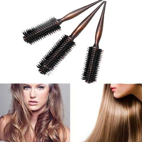 Portable Women Hair Brush Comb Round Anti-static Curly Brush Natural Bristle Wood Handle Hair Styling Comb Hairdress Tools