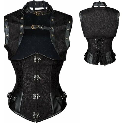 Retro Black Brocade Collared Top Cupless Sexy Corset Vest Steampunk Steel Boned Corset Gothic Clothing Corsets Plus Size 6XL