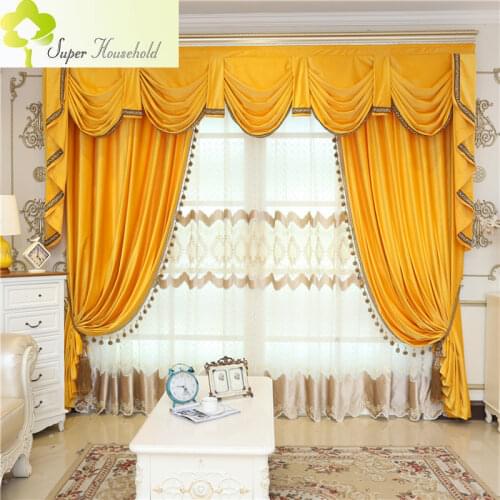 Luxury European Thick Shading Italian Velvet Curtains for Living Room Bedroom Head Valance Window Curtain Fabric Orange Color