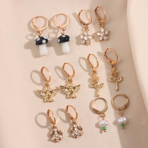 JUST FEEL 6Pair Cute Mushroom Crystal Flowers Drop Earrings for Women Fashion Gold Metal Angel Pearl Dangle Earrings Set Jewelry