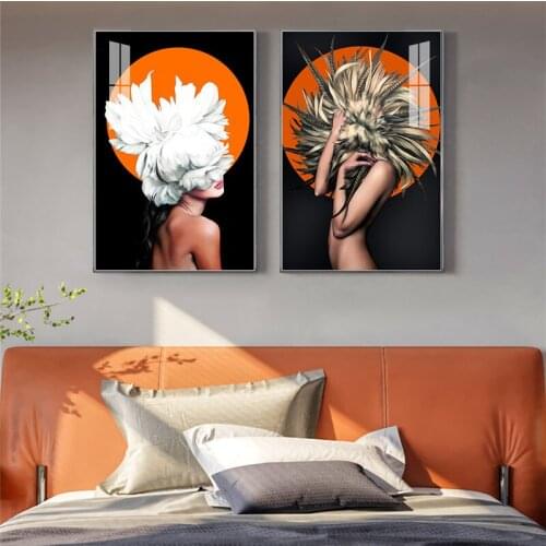 Modern Fashion Flower Feather Woman Canvas Painting Abstract Figure Wall Art Print Poster Picture for Living Room Home Decor