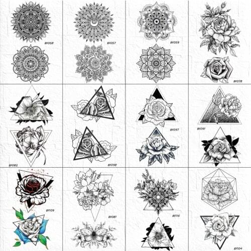 Sexy Henna Mandala Flower Tattoos Temporary Women Geometric Sexy Lotus Tattoos Stickers Indians Tribal Triangle Tatoos Supplies