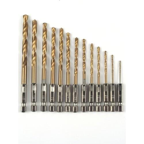 13PCS/Set HSS Titanium Coated Drill Bits High Speed Steel Drill Bit Set 1/4 Hex Shank Power Drilling Tool For Wood 1.5-6.5MM