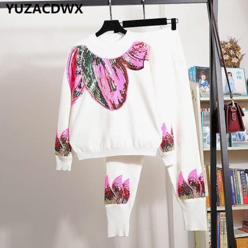 YUZACDWX 2021 Knitwear 2 Piece Suits Autumn New Womens Fashion sequins Warm Sweater+Loose Trousers Casual Women Knitted sets