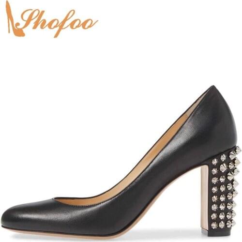 Rivets Black Red Women Pumps High Chunky Heels Ladies Party Dress Shoes Footwear Large Size 14 15 Round Toe Mature Fashion 2021