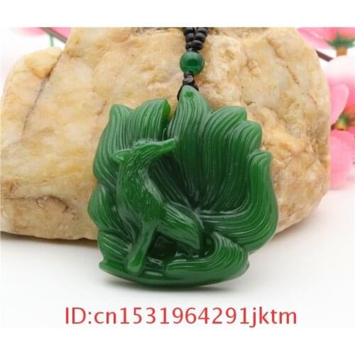 Fashion for Nine-Tailed Carved Gifts Jade Jewelry Chinese Necklace Pendant Charm Hand Fox Jadeite Amulet Green Women Natural Men