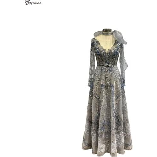 YYbride Newest Full Beading Hand Work Long Sleeves Floor Length V-Neck Silver Color Crystals With Organza Scarf Evening Dresses