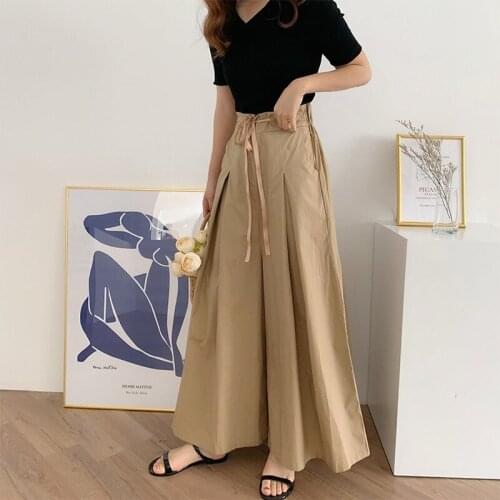Woman Culottes Drawstring Elastic Waist Loose Korean Pleated Hakama Women Trousers 2020 Summer Wide Leg Pants