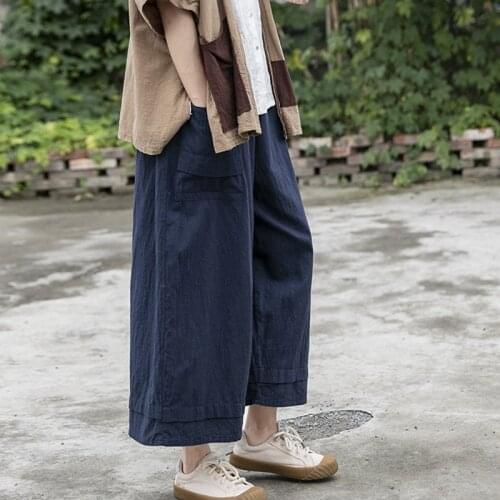 Johnature Women Cotton Linen Wide Leg Pants Vintage Loose Navy Blue Trouser 2021 Spring New Patchwork Female Ankle Length Pants
