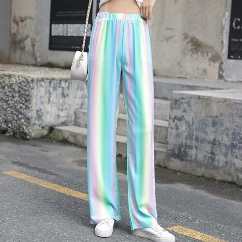 Rainbow Striped Wide-leg Pants Women Summer Drape High waist Pants Woman Casual Straight Trousers Large Size Elastic waist Pants