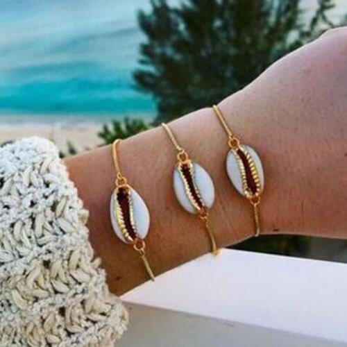 Ethnic Vintage Style Natural Sea Shell Bracelets for Women Creative Gold Chain Geometric Bracelet Beach Jewelry Gift YN758
