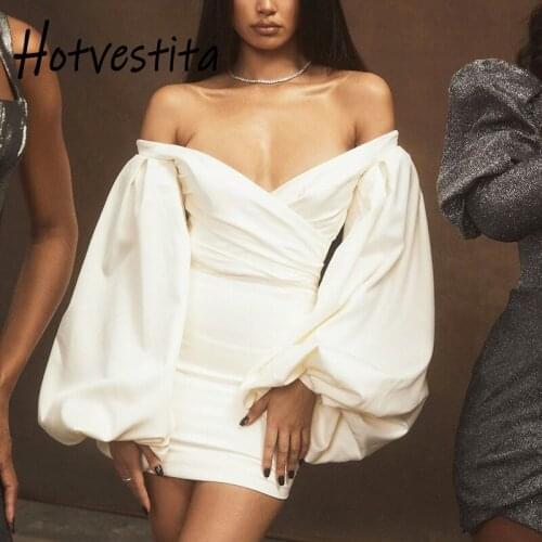 SOGA DRESS 2021 Autumn Winter Women White Black Satin Corset Dress Puff Sleeve Sexy Strapless Bodycon Elegant Party Mini Dresses