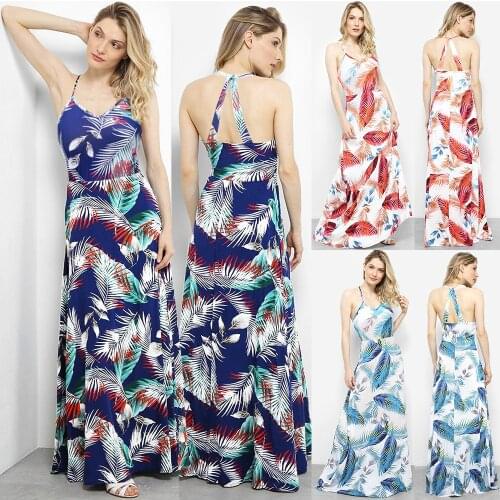 Womens Sexy Bohemian Style Long Beach Dress Summer Halter Backless V Neck Maxi Vintage Floral Print Large Size Party Dresses
