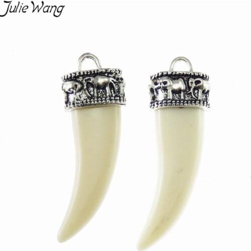 Julie Wang 8pcs Tibetan Silver Color Cap Milky White Ivory Shape Pendant Charm for DIY BOHO Bohemian Necklace Ethnic Jewelry