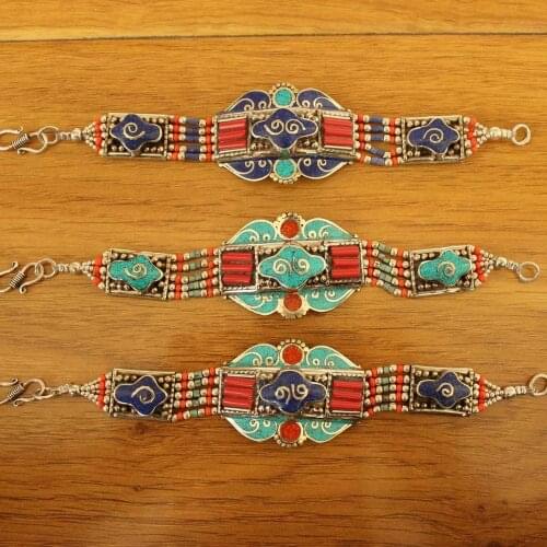 BR062 Nepal Indian Fashion Women Bracelets Tibetan Copper Lapis Turquoises Coral Colorful Stone Clasp Bracelets