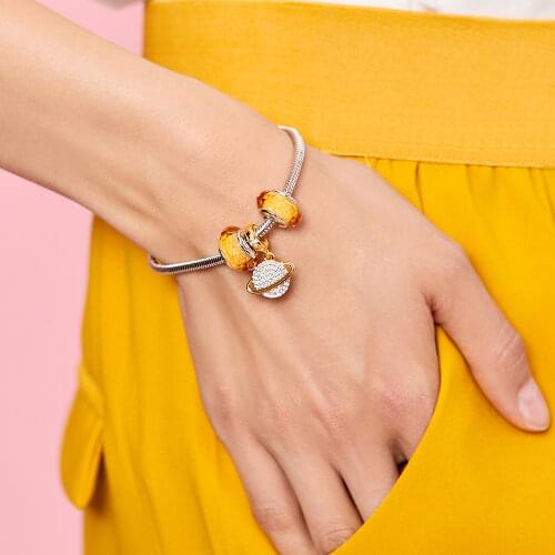 ATHENAIE 100% 925 Sterling Silver Pave 18kt Gold Planet Saturn Charms Bracelet with Faceted Glass Beads for Women Gift Autumn