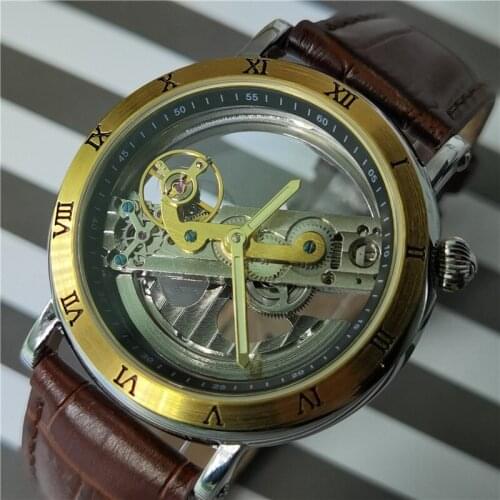 FORSINING Men Golden Bridge Mechanical Watches Roman Numerals Wristwatch Genuine Leather Strap Watch For Man Relogio Masculino