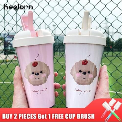 Keelorn Cartoon Cherry Puppy Plastic Water Bottle Cute Silicone Straw 420ml Large Capacity Outdoor Travel Camping Portable Water