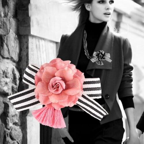 Classic Shiny Sequins Fabric Handmade Rose Flower Stripe Ribbon Bowknot Thread Tassels Women Brooch Pins Jewelry Ornaments Gifts