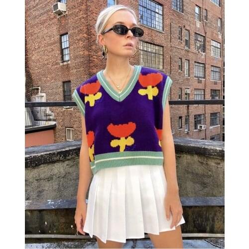 Korean Fashion Knit Flower Tulip Crop Sweater Vest Women Harajuku Vintage Oversized Sleeveless Female Waistcoat Tops