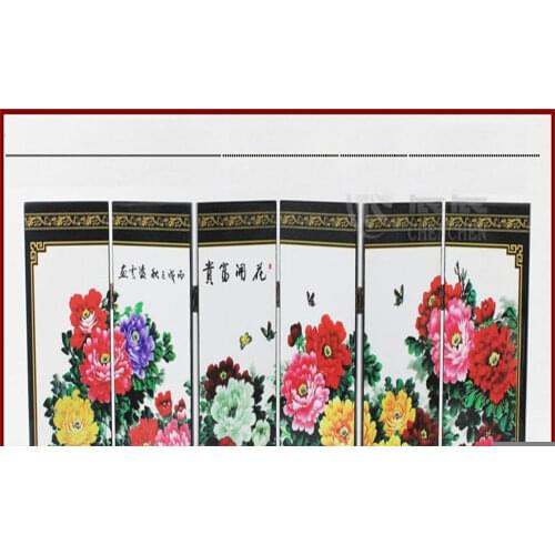 Mini ) Exquisite Chinese Classical Lacquer Painting Folding Screen of Beautiful Blooming Peony Flowers