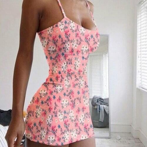 Summer Fashion Mini Spaghetti Strap Dress Floral Printed Slim Ladies Sleeveless Sexy Elastic Slip Dresses Overalls for Women