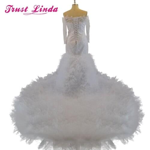 Fashion Mermaid Wedding Party Dress Sexy Boat Neck Appliques Beading Lace Three Quarter Prom Gown Vestido De Noiva Plus Size