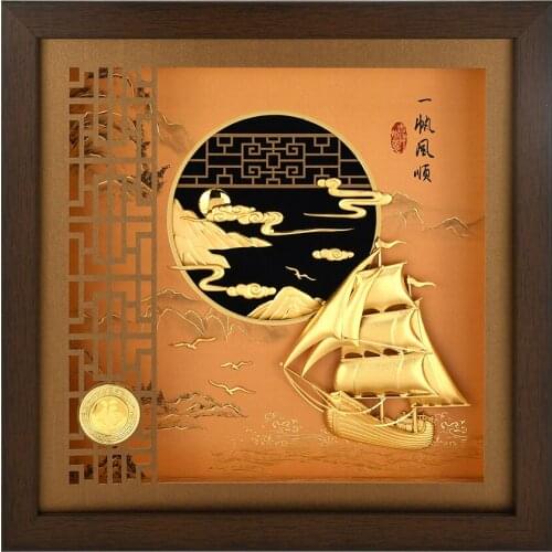 Sea Sailboat Wall Painting With Frame Gold Foil Sailboat Chinese Painting Wall Pictures for Living Room Modern Home Decor Gifts