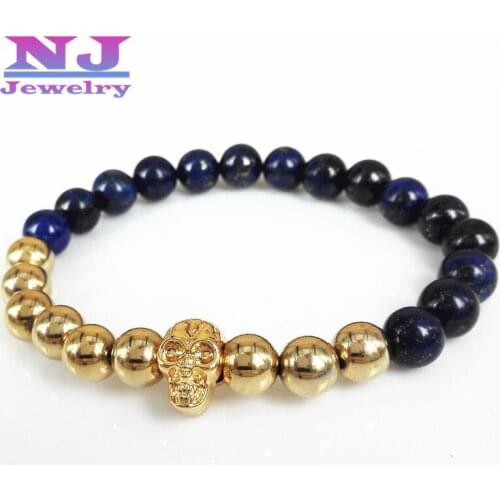New design metal-plated Skull Bracelest with Natural Lapis Lazuli Stone and Color Keeping Gold Beads Bracelet,Mens Gift