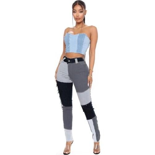 Echoine 2021 Autumn Patchwork Blue Denim Pants Hight Waist Skinny Pencil Pants Jeans Fitness Stretch Tassel Trousers Streetwear