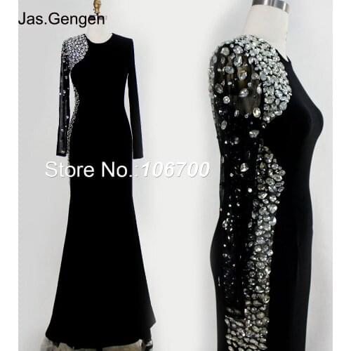 Real Photo Formal Gown Plus Size Custom Hand Made Crystal Beaded Sequins Black Jersey Evening Dresses Long Sleeve JA140027